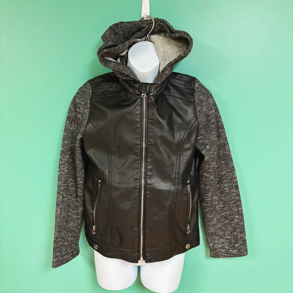 SO Black & Gray Faux-Leather Hooded Zip Up Moto Jacket Girls 10/12